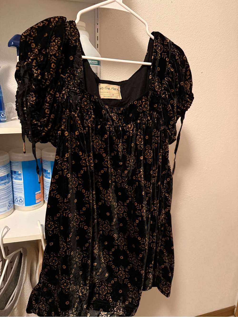 Free People Black Velvet tunic top or dress with Brown Floral Burnout
